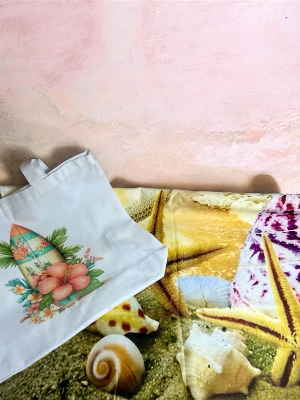 White Floral Surfboard Tote Bag + beach towel